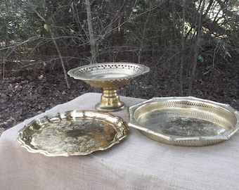 3 Vintage Brass Trays Brass Cake Stand Brass Serving Trays Buffet Server Wedding Decorations Table Decor French Countr Barware  Set of 3