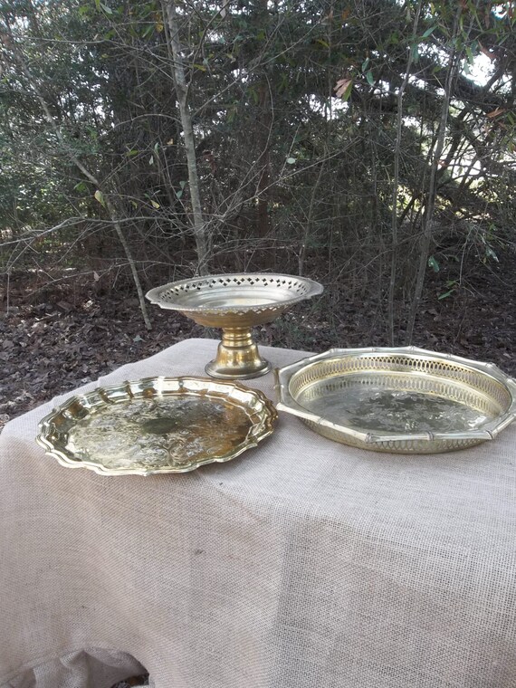 3 Vintage Brass Trays Brass Cake Stand Brass Serving Trays Buffet Server Wedding Decorations Table Decor French Countr Barware Set Of 3