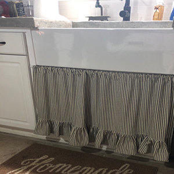 Custom Ruffled Sink Skirt Sink Curtain Kitchen Cabinet Curtain Ruffled Curtain for Farmhouse Sink Ticking Curtains Ruffled Linen Curtain