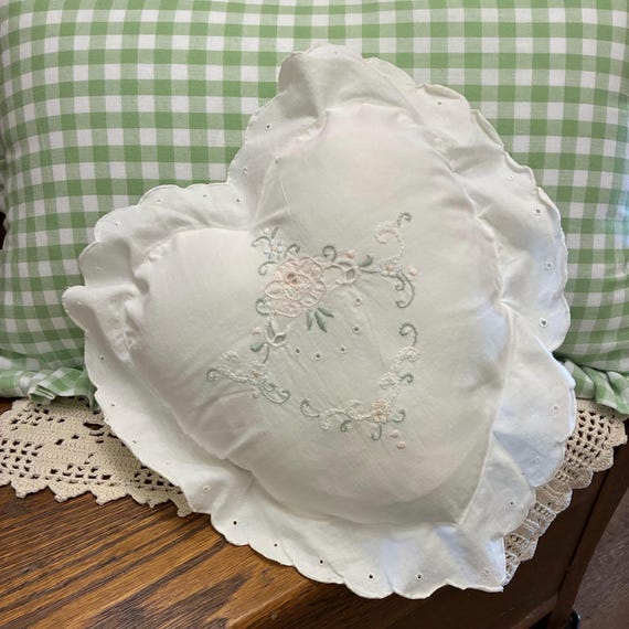 Vintage Heart Pillow - Embroidered Pillow Sham with Insert - misshettie