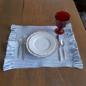Ruffled Ticking Placemats Choose Your Color Striped Placemats with Ruffles Handmade in USA Blue Striped Placemats Farmhouse Linens