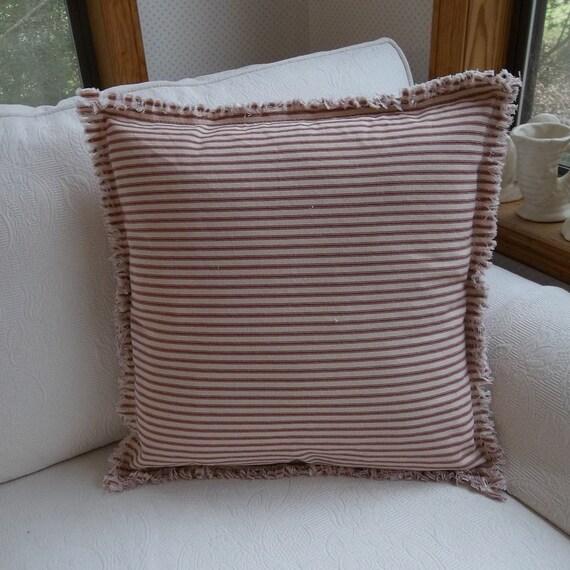 18 Red Ticking Pillow Sham Ready To Ship Handmade Frayed Edge Decorative Bedding