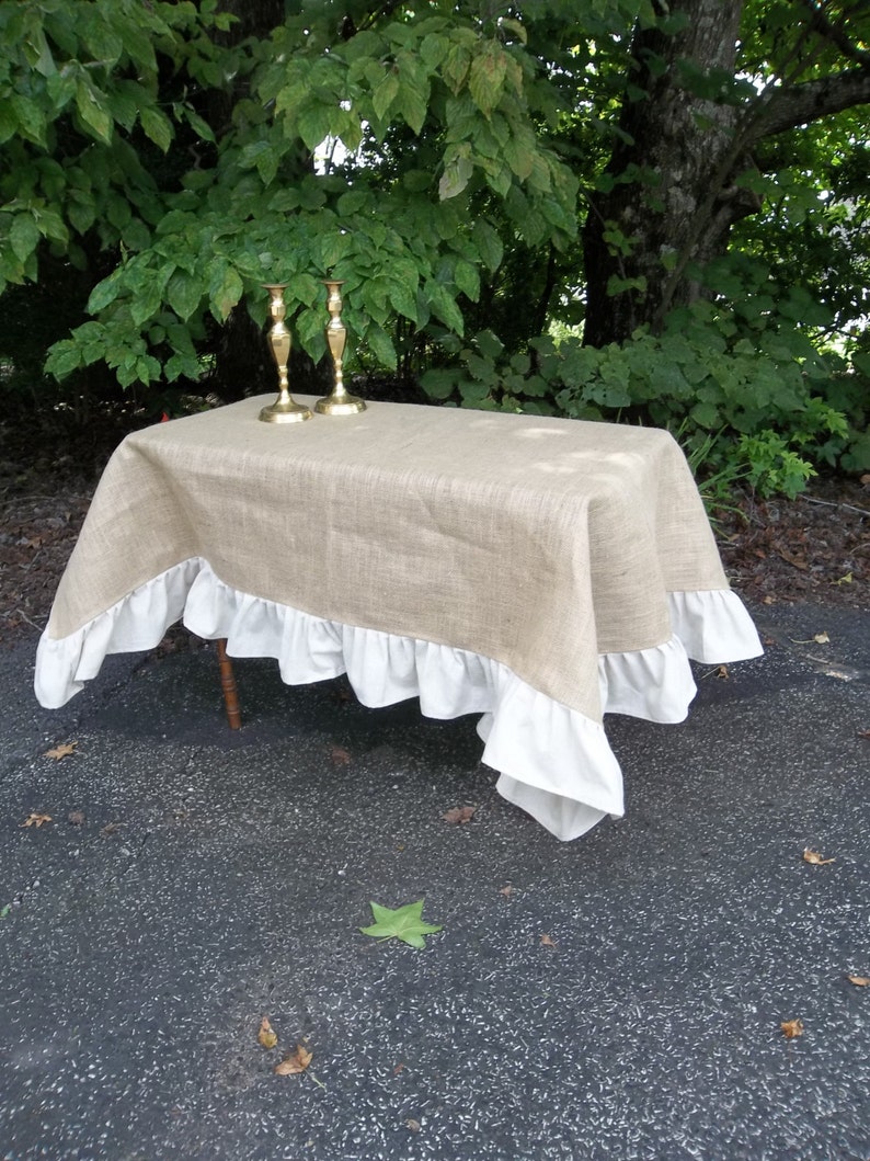 Custom Ruffled Burlap Tablecloth Handmade Ruffled Tablecloth Wedding Decorations Table Decor Custom Burlap Table Cloth image 4