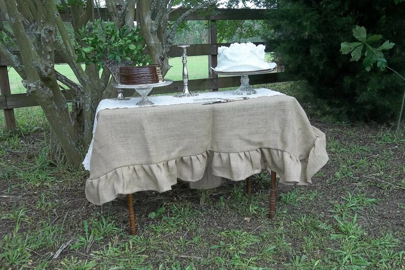 Custom Ruffled Burlap Tablecloth Handmade Ruffled Tablecloth Wedding Decorations Table Decor Custom Burlap Table Cloth image 2