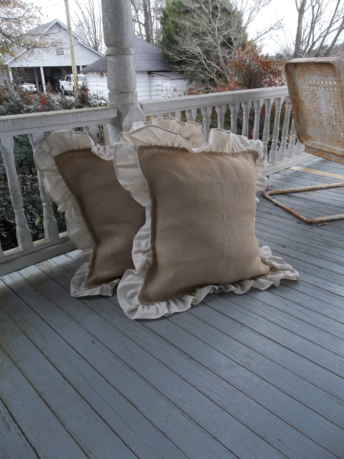 Pair Burlap Pillow Shams Ruffled Burlap Pillows Covers Etsy