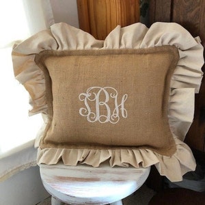 Monogrammed Burlap Pillow Ruffled or Tailored  - Preppy Burlap Pillow -  Choose Your Size and Style
