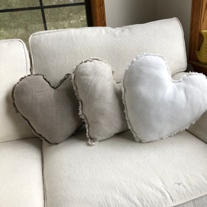 Linen Heart Pillows Neutral Valentines Day Decor Frayed Edge Heart Pillow Choose your Color Handmade by misshettie Set of 3 Shown