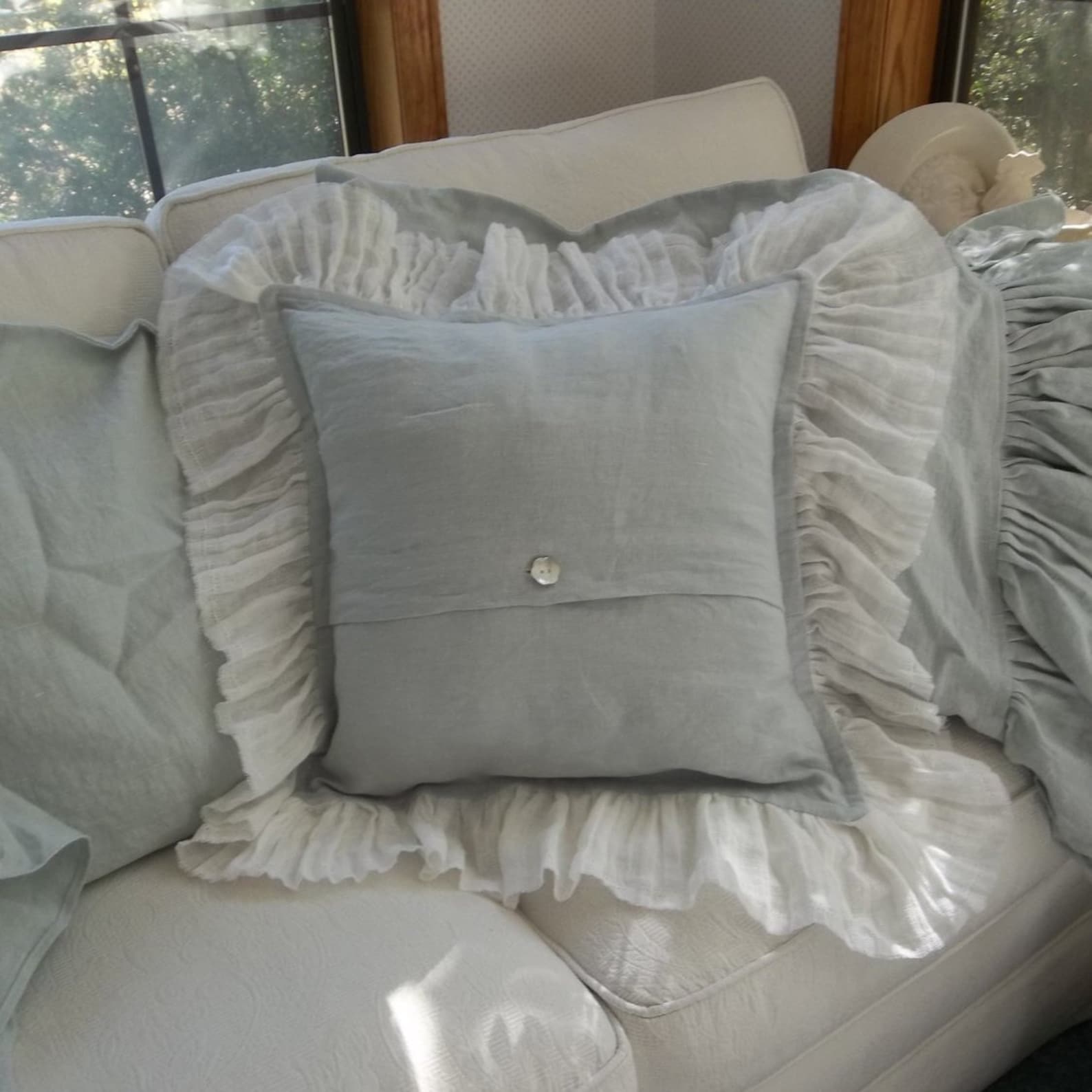 French Blue Ruffled Linen Pillow Matching Long Ruffled Etsy