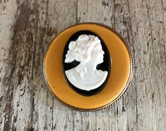 Vintage Celluloid Cameo Pin Gold Filled Mourning Jewelry Black Cameo Brooch Cameo Pendant