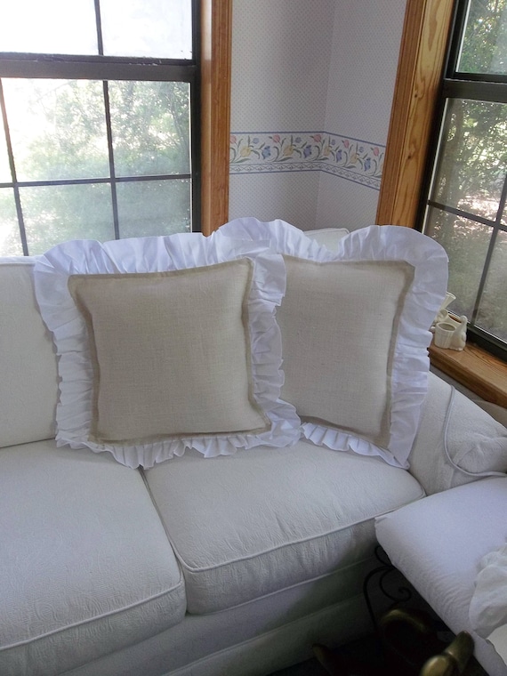 Pair Ruffled Ivory Burlap Pillows Burlap Pillow Shams Etsy