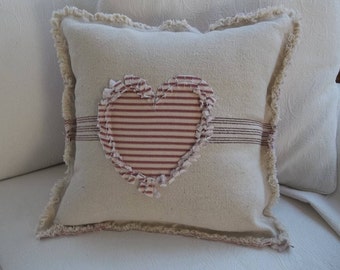 Heart Pillow - Grain Sack Pillow with Ticking Applique - Custom Colors and Sizes - Handmade misshettie