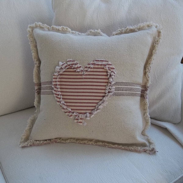 Heart Pillow Grain Sack Pillow Ticking Heart Frayed Edge Pillow Sham Custom Sizes and Fabrics Insert Available