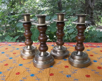 4 Vintage Brass Candle Holders Wood Candlesticks Wood and Brass Tall Candleholders Wedding Decorations Table Decor French Country