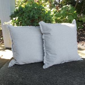 2 Blue Ticking Stripe Pillows -  24&quot; Striped Pillow Shams - Stripe Throw Pillow Covers - French Country Porch Pillows Nautical TIcking