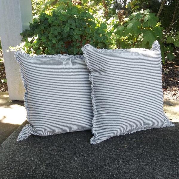 2 Blue Ticking Stripe Pillows -  24" Striped Pillow Shams - Stripe Throw Pillow Covers - French Country Porch Pillows Nautical TIcking