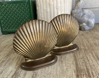 Vintage Brass Shell Bookends Door Stops Solid Brass Bookend Set  Office Decor Beach Decor