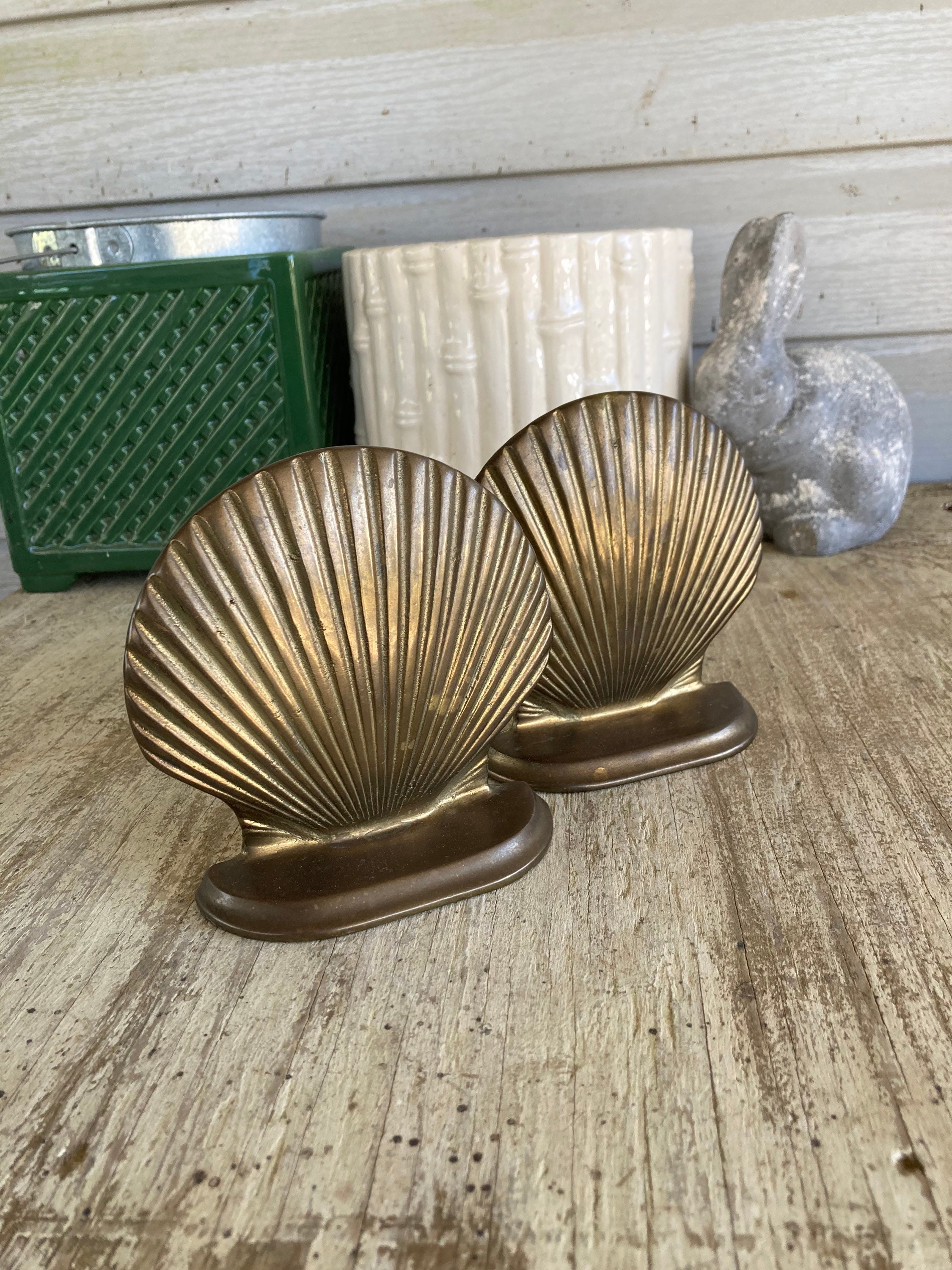 Vintage Brass Shell Bookends Door Stops Solid Brass Bookend Set