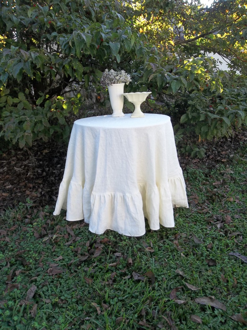 Floor Length Ruffled Linen Tablecloth 90 Inch Ruffled Tablecloth Custom Fabrics Handmade Wedding Decorations Table Decor French Country image 2