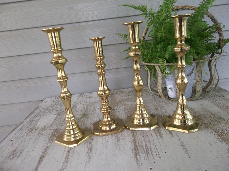 Vintage Brass Candle Holders Lighting Rustic Wedding Decor Table Settings 4 Candlesticks French Country Farmhouse Prairie Cottage image 3