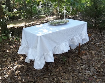Custom Ruffled Tablecloth in Cotton or Linen - White Table Cloth -  Custom Fabrics  - Dining Linens