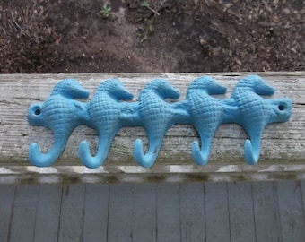 Beach House Key Keeper - Blue Seahorse Cast Metal Key Rack - Key Holder - Key Hooks - Beach House Decor - misshettie