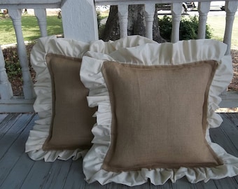 Ruffled Burlap Pillows - Custom Pillow Shams - Bedroom Pillow Covers - Sold Separately or Set