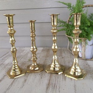 Vintage Brass Candle Holders Lighting Rustic Wedding Decor Table Settings 4 Candlesticks French Country Farmhouse Prairie Cottage image 1