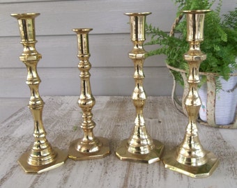 Vintage Brass Candle Holders Lighting Rustic Wedding Decor Table Settings 4 Candlesticks French Country Farmhouse Prairie Cottage