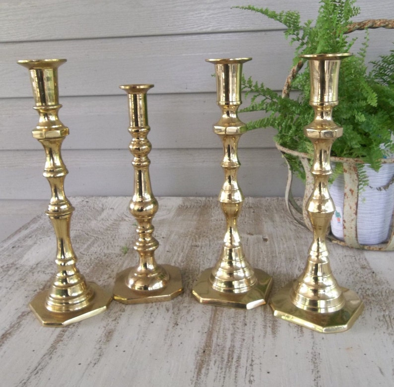 Vintage Brass Candle Holders Lighting Rustic Wedding Decor Table Settings 4 Candlesticks French Country Farmhouse Prairie Cottage image 1