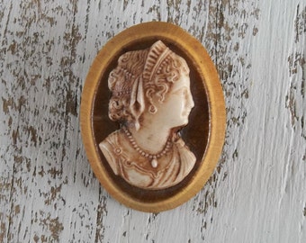 Vintage Celluloid Cameo Wooden Cameo Brooch Brown Cameo Pin Vintage Jewelry C Clasp Gift for Her