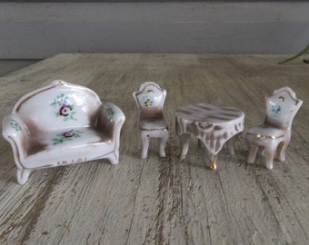 Vintage Dollhouse Miniature Furniture - Occupied Japan Figurines - Porcelain Dollhouse Furniture - Mini Table and Chairs - Mini Sofa