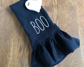 Halloween Towel BOO Towel Black Linen Towel with Ruffles Halloween Decor Other colors available Handmade  by misshettie