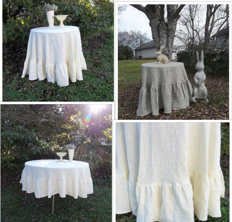 Floor Length Ruffled Linen Tablecloth 90 Inch Ruffled Tablecloth Custom Fabrics Handmade Wedding Decorations Table Decor French Country image 1