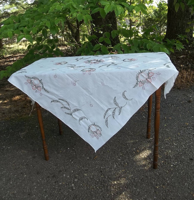 Mid Century Bridge Tablecloth 41 x 41 Table Throw Cottage Style Linens French Country Handmade Embroidered Table Cloth