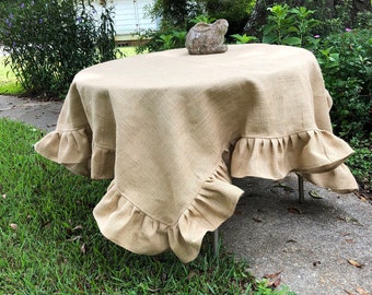 Ruffled Burlap Tablecloth: 70" Square, French Country Wedding Decor