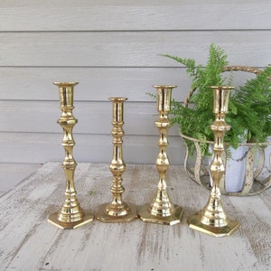 Vintage Brass Candle Holders Lighting Rustic Wedding Decor Table Settings 4 Candlesticks French Country Farmhouse Prairie Cottage image 6