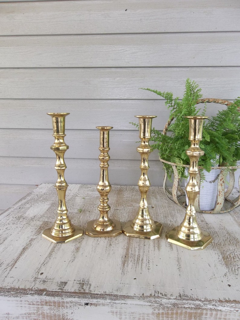 Vintage Brass Candle Holders Lighting Rustic Wedding Decor Table Settings 4 Candlesticks French Country Farmhouse Prairie Cottage image 6