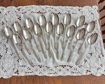 May include: A set of fourteen silver-toned metal spoons arranged in a fan pattern. Each spoon features a polished oval bowl and a slender handle with a decorative embossed floral motif at the base of the stem and a rounded tip.