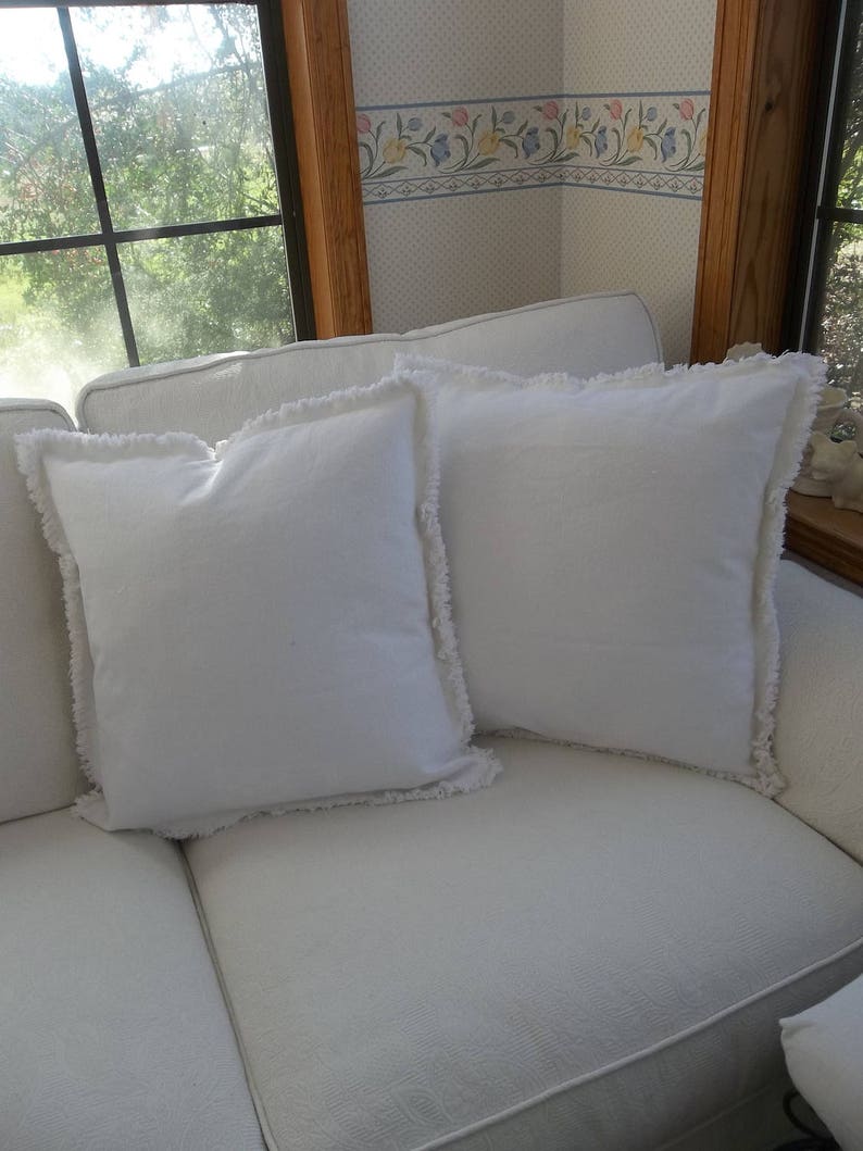 Drop Cloth Pillows Custom Sizes Bright White Pillow Shams Frayed Edge Pillows Raggedy Sold Separately or as a Pair Quantities Available BrightWhiteDuckCnvas