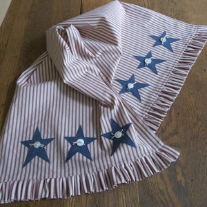 Patriotic Table Runner - Ruffled Red Ticking Stripe Runner with Blue Stars - July 4 Decor - Summer Picnic Decor - Handmade by misshettie