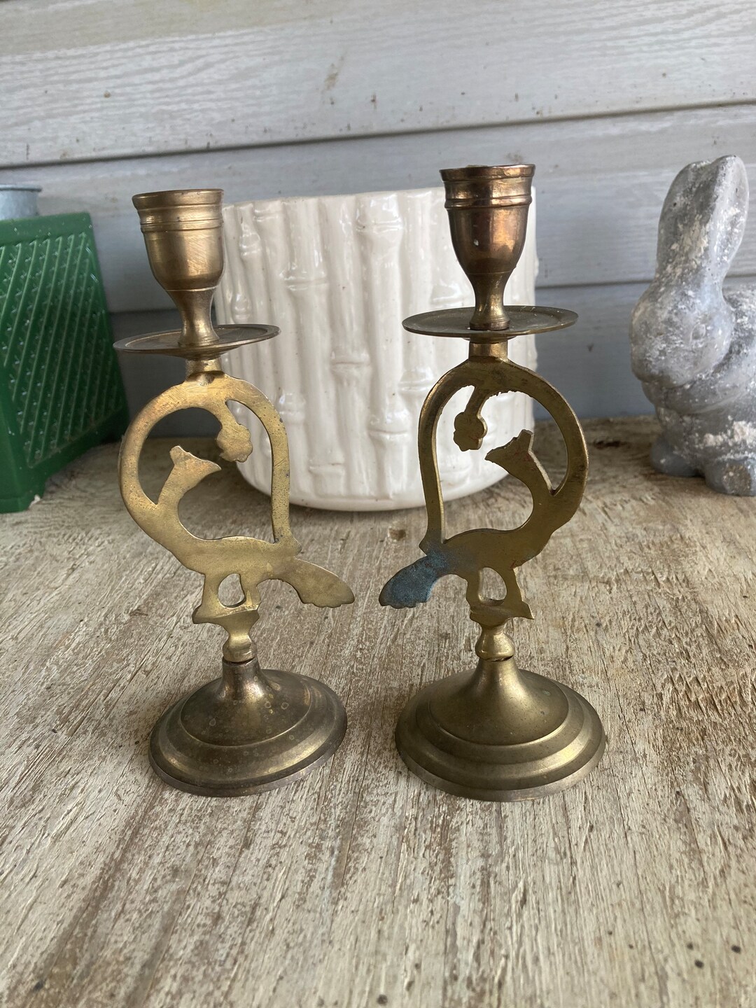 Pair Brass Peacock Candle Holders Figural Candlesticks Rustic Cabin