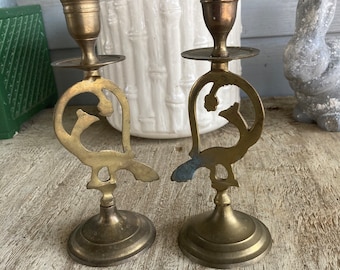 Pair Brass Peacock Candle Holders - Figural Candlesticks - Rustic Cabin Decor - Thanksgiving Decorations - Mantle Decor - misshettie