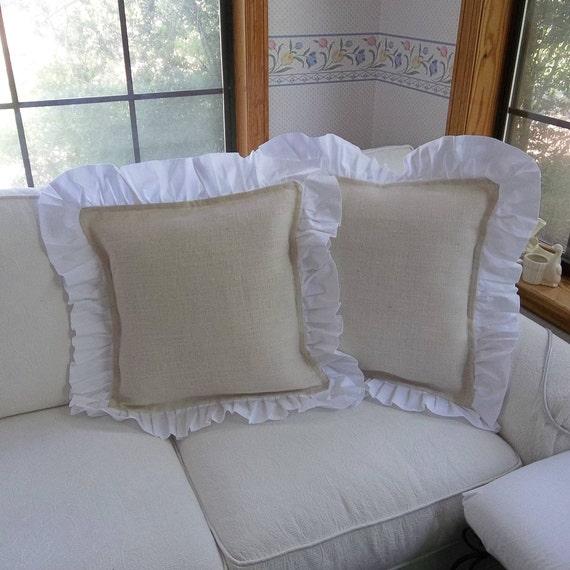 White Burlap Ruffled Pillows Pair Ready To Ship 18 Etsy