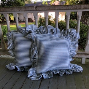 Ruffled Ticking Pillows Custom Sizes Ruffled Pillow Shams TIcking Pillow Covers French Country Farmhouse Sold Separately or Pair misshettie