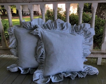 Ruffled Ticking Pillows Custom Sizes Ruffled Pillow Shams TIcking Pillow Covers French Country Farmhouse Sold Separately or Pair misshettie