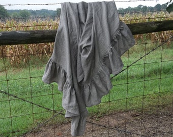 Ruffled Linen Throw - Custom Bed Scarf - Natural Linen Blanket - Handmade MissHettie