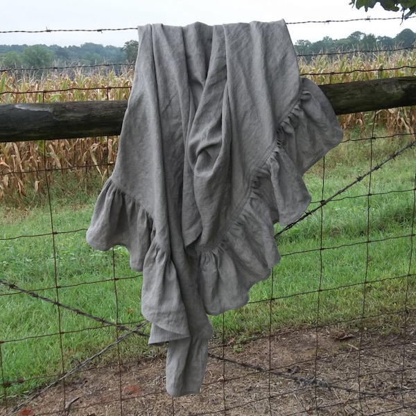 Ruffled Linen Throw Custom Bed Scarf Natural Linen Blanket Coverlet Afghan Bedspread French Country Prairie Farmhouse Bedding Rustic Afghan