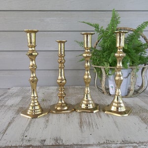 Vintage Brass Candle Holders Lighting Rustic Wedding Decor Table Settings 4 Candlesticks French Country Farmhouse Prairie Cottage image 5