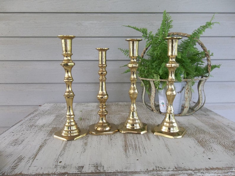 Vintage Brass Candle Holders Lighting Rustic Wedding Decor Table Settings 4 Candlesticks French Country Farmhouse Prairie Cottage image 5