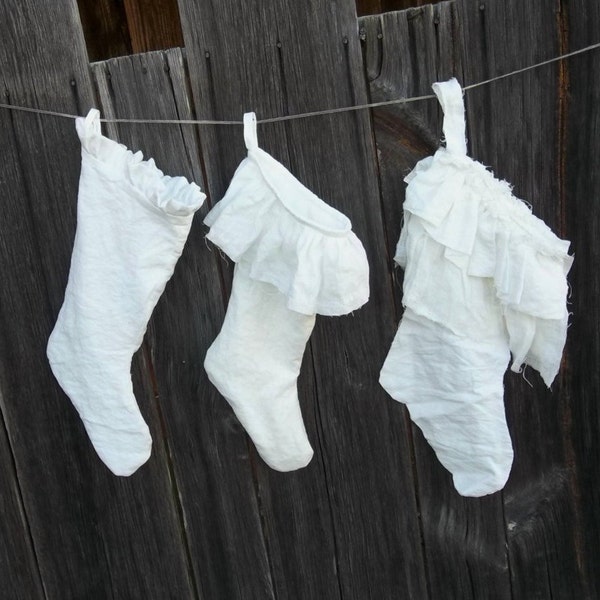 Linen Christmas Stocking Handmade Ruffled Linen Stockings Custom Christmas Decorations White Linen Stockings Christmas Christmas Stockings